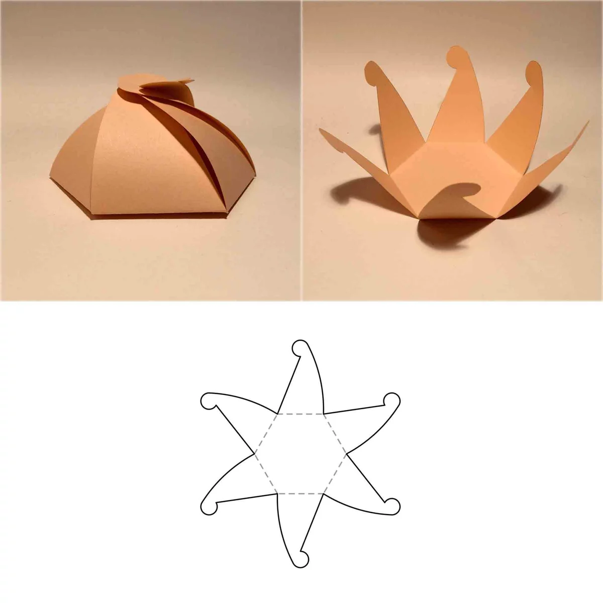 Paper-craft container and crown built from PhotoCAD-generated cut patterns.